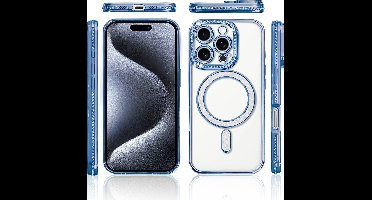 Hoesje Geschikt voor iPhone 15 Pro Magsafe hoes Lens beschermer Blauw – Luxe bling sprankelende diamant backcover