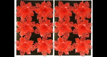 Gerimport Kerstboom bloemen op clip - 12x stuks - rood - kunststof - kerstornamenten