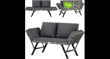 3-zits Polyrattan Tuinbank – Buitenbank – Tuinmeubel – Loungesofa – Tuinsofa – Verstelbare Armleuningen – Weerbestendig Stalen Frame - Grijs