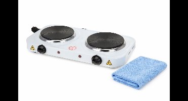 Elektrische Camping Kookplaat Dubbel 2x1000W – 2 Pits Vrijstaand Wit – Met Thermostaat – Voor Camper & Caravan – Inclusief HEM Microvezel Schoonmaakdoek