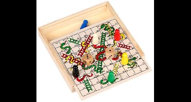Eddy Toys Slangen en Ladders Bordspel - 15x15 cm - Snakes & Ladders Spel - Houten Bordspel met 6 Pionnen en 2 Dobbelstenen - Klassiek Familiespel - 9 Stuks