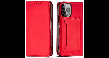 Magnet - Card - Case hoesje voor iPhone - 13 - Pro - Max - cover - portemonnee - voor - pasjes - rode - standaard