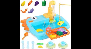 Keukenspeelgoed met spoelbak, elektronische dinosaurus-afwasbak met stromend water, visspelletje voor kinderen en rollenspel-afwasbak voor peuters en kleuters, schattig fantasiespel voor kinderen vanaf 3 jaar, interactief leerzaam speelgoed