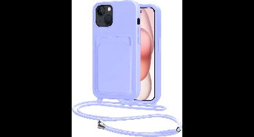 Hoes Geschikt voor iPhone 15 Plus Hoesje Pasjeshouder Cover Met Koord Case Siliconen Hoes Met Telefoonkoord en Kaarthouder - Lila