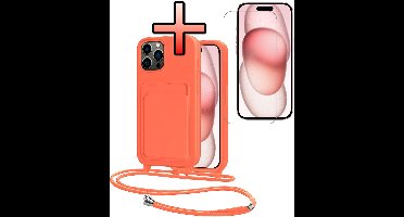 Hoes Geschikt voor iPhone 15 Pro Max Hoesje Pasjeshouder Cover Met Koord Case Siliconen Hoes Met Telefoonkoord en Kaarthouder Met Screenprotector - Papaya