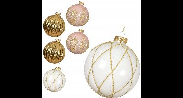 Grote Glazen Kerstballen 10cm Rosé Goud Wit - Set van 6