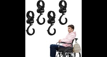 4 stuks - Looprekhaak - Kinderwagenhaak - Multifunctionele kinderwagenclip - 360° draaibaar - Zwart - 10 x 5 cm - Geschikt voor rollators, winkelwagens, achterbanken van auto's, kinderwagens en fietsen