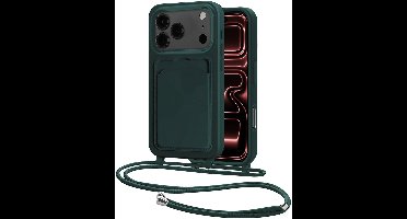 Hoes Geschikt voor iPhone 17 Pro Hoesje Pasjeshouder Cover Met Koord Case Siliconen Hoes Met Telefoonkoord en Kaarthouder - Donkergroen