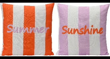 Decoris - Set van 2 Sierkussens met Opschrift "Sunshine" – Lila/Wit & Oranjerood/Wit Gestreept – Polyester - 45×45×4 cm