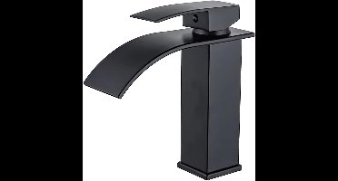 Watervalkraan, zwarte roestvrijstalen wastafelkraan, gepolijste afwerking, waterbesparend, op het blad gemonteerd, 1 gat, 1 hendel, waterval, 26 x 21 x 7,3 cm