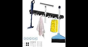 Brenzoos - Bezemhouder met 5 sleuven en 4 haken voor wandmontage - Roestvrij staal - Zelfklevend en inclusief schroeven - Voor bezem, tuingereedschap, keuken en meer