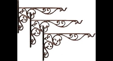 3x stuks muurhaken met sierkrullen bruin - gietijzer - 35 x 25 cm - hanging basket haak