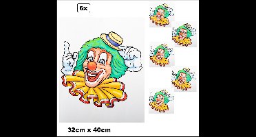 6x Raam sticker clown Banjo - 32cm x 40cm - Carnaval thema feest festival party feest decoratie versiering