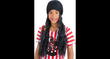 Smiffys - Pirate Bandana With Attached Hair Kostuum Hoofddeksel - Zwart