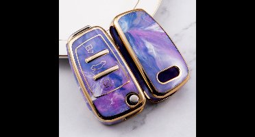 Zachte TPU Sleutelcover - Sleutelhoesje Geschikt voor Audi A1 / A3 / A5 / A6 / Q3 / Q5 / S3 / S5 / RS - Marmer Paars Goud - Sleutel Hoesje Cover - Auto Accessoires