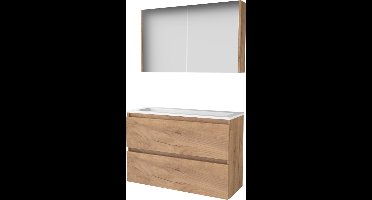 Basic Comfort 39 badmeubelset met spiegelkast, greeploze wastafelonderkast met 2 lades en acryl wastafel zonder kraangaten 100 x 39 cm, whisky oak
