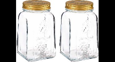 Pasabahce Voorraadpot/bewaarpot Square - 2x - glas - 1,5L - transparant/goud - D10 x H19 cm - voedsel bewaren
