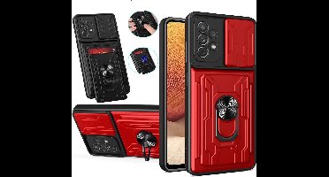 Hoesje Geschikt Voor Samsung Galaxy A22 5G hoesje met kickstand Rood - Hoesje Geschikt Voor Samsung Galaxy A22 5G camera lens screen protector - hoesje Hoesje Geschikt Voor Samsung Galaxy A22 met pasjeshouder ring case