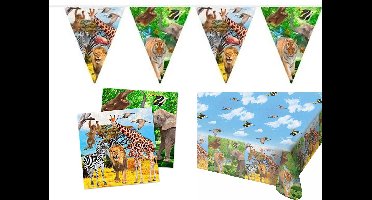 Kinderverjaardag/kinderfeestje tafel dekken set tafelkleed/servetten/vlaggetjes Jungle thema - Voor 6 tot 10 kids
