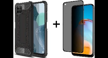 Hoesje Geschikt voor Huawei P40 Lite hoesje - Met Screenprotector Rugged Armor Hoesje - Shockproof case - Zwart