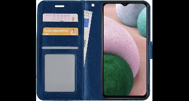 Hoesje - Met Pasjeshouder - Geschikt voor Samsung Galaxy A12 - Luxe Bookcase Portemonee - Flip Case - Kunstleer Book Case - Flipcase - Book Cover - Walletcase - Portemonneehoes - Donkerblauw