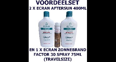 VOORDEELSET met 2 x Ecran Aftersun 400ml & 1 Ecran Zonnebrand Factor 30 Spray 75ml (travelsize)