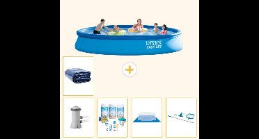 Intex Rond Opblaasbaar Easy Set Zwembad - 457 x 84 cm - Blauw - Inclusief Pomp - Onderhoudspakket - Grondzeil - Schoonmaakset - Solarzeil - 6-delig