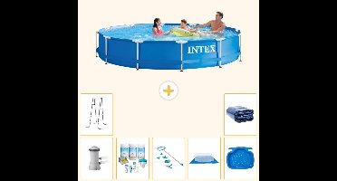 Intex Rond Frame Zwembad - 366 x 76 cm - Blauw - Inclusief Pomp - Onderhoudspakket - Schoonmaakset - Grondzeil - Voetenbad - Ladder - Solarzeil - 8-delig