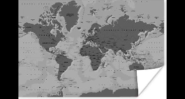 Poster Stoere wereldkaart - zwart wit - 30x20 cm