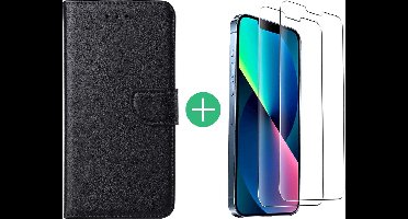 Hoesje Geschikt voor iPhone 13 bookcase met 2 Pack Screenprotector gehard glas – Zwart