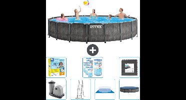 Intex Rond Prism Frame Greywood Zwembad - 549 x 122 cm - Inclusief Pomp - Ladder - Grondzeil - Afdekzeil Onderhoudspakket - Filters - Vloertegels