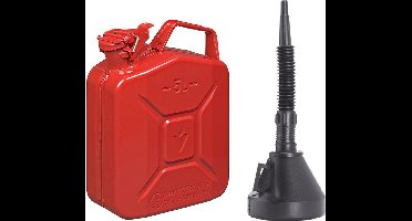 Metalen grote Jerrycan rood voor olie en brandstof van 5 liter met een handige grote trechter van 39 cm