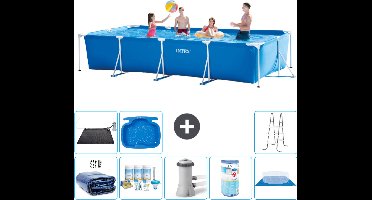 Intex Rechthoekig Frame Zwembad - 450 x 220 x 84 cm - Blauw - Inclusief Solarzeil - Onderhoudspakket - Zwembadfilterpomp - Filter - Grondzeil - Solar Mat - Ladder - Voetenbad