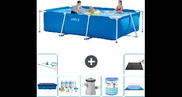 Intex Rechthoekig Frame Zwembad - 300 x 200 x 75 cm - Blauw - Inclusief Afdekzeil - Onderhoudspakket - Zwembadfilterpomp - Filter - Grondzeil - Schoonmaakset - Solar Mat