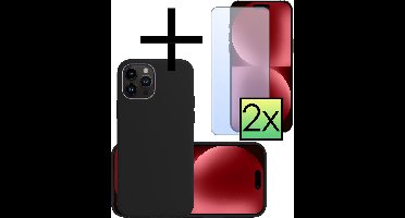 Hoesje - Met 2x Screenprotector - Geschikt voor Apple iPhone 15 Pro - Sterk & Shockproof - Back Cover - Siliconen Case - Telefoon Hoes - Zwart