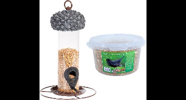 Vogel voedersilo met eikeldeksel metaal/pvc 27 cm inclusief 4-seizoenen mueslimix vogelvoer - Vogel voederstation