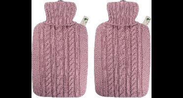 2x Luxe kruiken pastel roze met inhoud van 1,8 liter - Warmwaterkruiken met gebreide hoes/kruikenzak