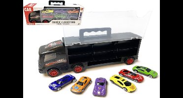 YJ TOYS Vrachtwagen transporter truck - Speelgoed auto's - 6-delig set - 31cm