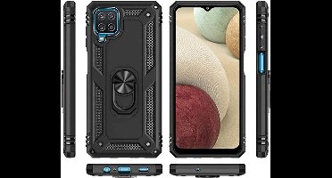 Hoesje Geschikt Voor Samsung Galaxy A12 5G hoesje Hybrid Armor Anti-Shock hoesje Zwart - Galaxy A12 5G - A12 5G Hoesje kickstand Ring houder cover TPU backcover hoesje