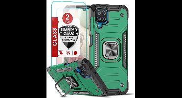 Hoesje Geschikt Voor Samsung Galaxy A12 Hoesje Heavy Duty Armor Hoesje Donker Groen - Galaxy A12 Case Kickstand Ring cover met Magnetisch Auto Mount- Hoesje Geschikt Voor Samsung Galaxy A12 screenprotector 2 pack