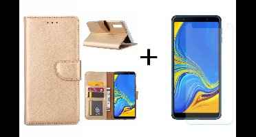 Ntech Hoesje Geschikt Voor Samsung Galaxy A7 2018 Goud BookType Hoesje & opbergvakjes + Glazen Screenprotector