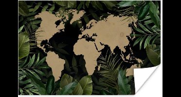Poster Wereldkaart - Bladeren - Bruin - 30x20 cm