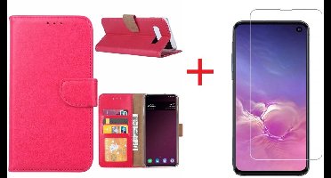 Ntech Hoesje Geschikt Voor Samsung Galaxy S10e portemonnee hoesje - Roze/Pink + Screenprotector glas