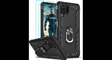 Hoesje Geschikt Voor Samsung Galaxy A12 5G Hoesje kickstand Armor met Ring houder TPU backcover hoesje - Zwart met Galaxy A12 screenprotector 2 pack