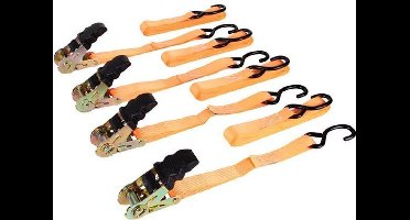 Toolland Set spanbanden, 4 stuks, tweedelig, met ratel en S-haken, uv-bestendig en waterafstotend, voor het vastzetten van lichte ladingen, max. 500 kg, polyester, oranje, 5 m x 25 mm