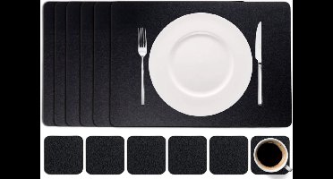 Cookinglife Placemats - Rechthoekige Placemat & Onderzetters - Vegan Lederlook - Zwart - Dubbelzijdig - 6 Placemats + 6 Onderzetters 46 x 33 cm