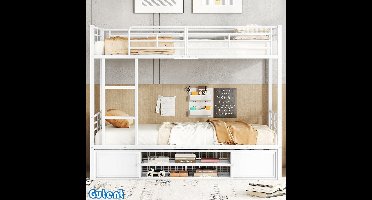 Gutent Stapelbed met ijzeren frame - Open schoenenkast - Opbergkast - Met zijladder - Wit - 90x200cm - Zonder Matras