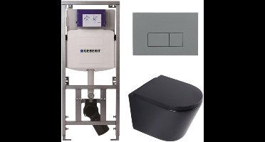 QeramiQ Dely Toiletset - 36.3x51.7cm - diepspoel - rimless - Geberit UP320 inbouwreservoir - softclose toilet zitting 35 mm - bedieningsplaat licht grijs - rechthoekige knoppen - mat zwart