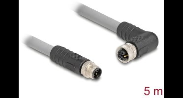 Delock M12 Cable L-coded 5 pin male straight to female right angled PUR suitable for drag chains 5 m grey