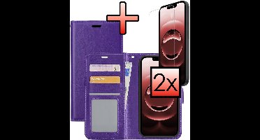 Hoesje - Met 2x Screenprotector - Geschikt voor Apple iPhone 16e / 17e - Luxe Pasjeshouder - Bookcase Portemonee - Flip Case - Kunstleer Book Case - Flipcase Hoes - Book Cover - Walletcase - Portemonneehoes - Paars